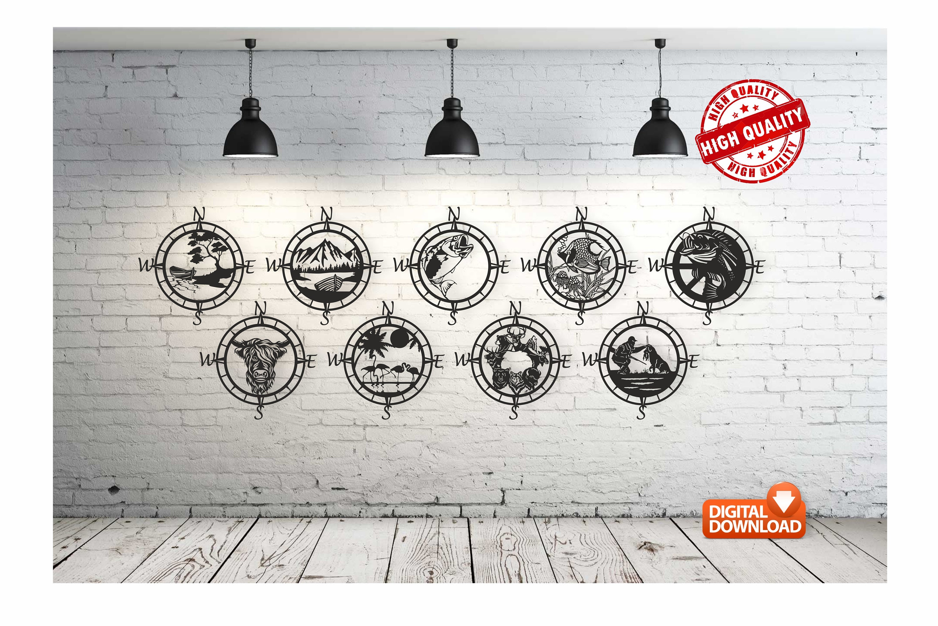 Compass Monogram Wall Art Decor Vector Drawing File for Laser Cutting ...