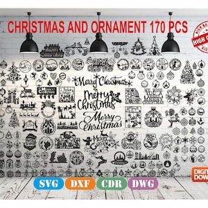 Könnte beinhalten: Ein digitaler Download von 170 schwarzen und weißen Weihnachts- und Ornament-SVG-, DXF-, CDR- und DWG-Dateien. Das Bild zeigt eine Vielzahl von Designs, darunter Weihnachtsbäume, Ornamente, Schneeflocken und die Worte "Frohe Weihnachten".