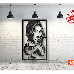 May include: Black and white digital illustration of a woman with long hair, wearing a hooded cloak and holding a glass of wine. The image is framed in a black rectangle.