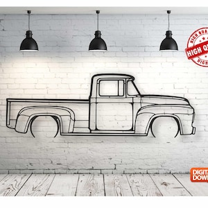 May include: Black and white line art illustration of a vintage pickup truck on a white brick wall background. The truck is facing the right side of the image. There are three black pendant lights hanging from the ceiling above the truck.