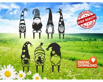 May include: A digital download of 7 black and white silhouette gnome SVG files. The gnomes are wearing different hats and have different accessories, including hearts, shamrocks, and flowers. The gnomes are standing on a green field with white flowers.