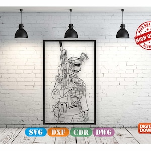 May include: Black and white line art of a soldier holding a rifle, framed in a black border. The image is set against a white brick wall with three black pendant lights. The words "HIGH QUALITY" are in a red circle. Digital download icons are at the bottom.