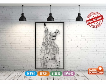 May include: Black and white line art of a soldier holding a rifle, framed in a black border. The image is set against a white brick wall with three black pendant lights. The words "HIGH QUALITY" are in a red circle. Digital download icons are at the bottom.