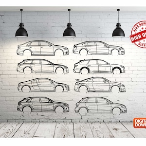 May include: A digital download of eight black and white outline drawings of different Audi car models on a white brick wall background. The text "HIGH QUALITY" is in a red circle stamp.