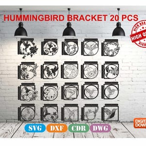 Op de afbeelding: Een set van 20 digitale snijbestanden voor een kolibriebeugelontwerp. De bestanden zijn beschikbaar in de formaten SVG, DXF, CDR en DWG. Het ontwerp bevat een kolibrie met bloemen en bladeren.