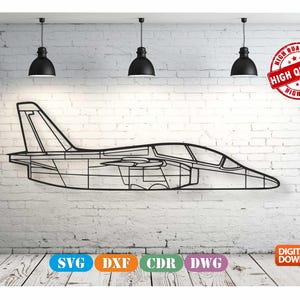 May include: A black and white line art design of a jet plane against a white brick wall background. The design is for a digital download and includes SVG, DXF, CDR, and DWG file formats. The image also includes the text "HIGH QUALITY" in a red circle.