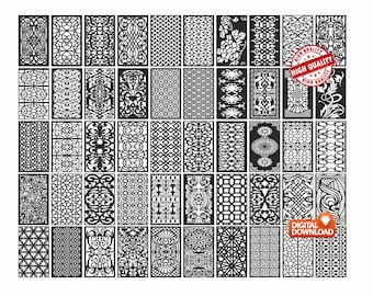 May include: A set of 48 black and white digital download files featuring intricate geometric and floral patterns. These designs are perfect for laser cutting, CNC routing, and other crafting projects.