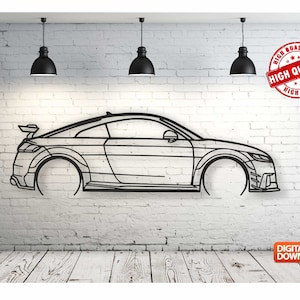 Puede incluir: Un diseño de arte de línea en blanco y negro de un coche sobre un fondo de pared de ladrillo blanco. El diseño es para una descarga digital.