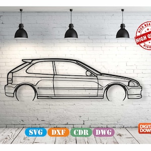 May include: Line art drawing of a Honda Civic hatchback car on a white brick wall background. The car is outlined in black and is facing the right. The image is for digital download in SVG, DXF, CDR, and DWG formats.