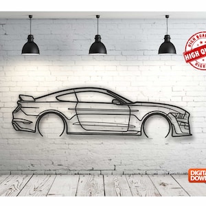 May include: A black and white line art illustration of a Ford Mustang car on a white brick wall background. The image includes the text "HIGH QUALITY" in a red circle.
