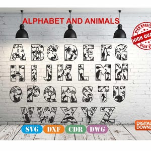 Alfabeto e animais Arte de parede Decoração arquivo de desenho vetorial para corte a laser, corte de plasma (dxf, dwg, cdr, svg) Máquina CNC de metal e madeira