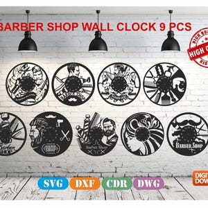 Barber Shop Wall Clock Bundle High Quality Vector drawing file for laser cutting , plasma cutting ( dxf , dwg , cdr , svg )