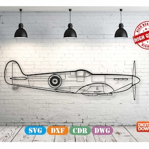 May include: Black and white line art design of a vintage airplane, a Spitfire, on a white brick wall background. The design is for a digital download and includes SVG, DXF, CDR, and DWG file formats.  The image also includes a red stamp that says "High Quality".