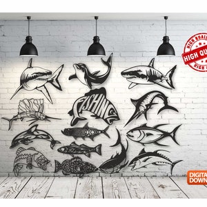 May include: Black and white metal fish wall art, including sharks, dolphins, and other marine life. The word "FISHING" is incorporated into the design of one fish. The image is set against a white brick wall and wooden floor.