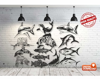 Fish Bundle High Quality  Wall art  Decor vector file for laser cutting , plasma cutting ( dxf , dwg , cdr , svg )Metalic & Wood CNC machine