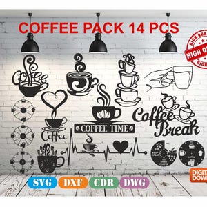 Coffee Wall Decor Bundle vector drawing file for laser cutting , plasma cutting( dxf , dwg , cdr , svg ) 14 pieces Coffee SVG, Cafe SVG