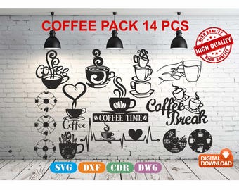 Coffee Wall Decor Bundle vector drawing file for laser cutting , plasma cutting( dxf , dwg , cdr , svg ) 14 pieces Coffee SVG, Cafe SVG