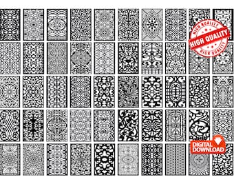 May include: A collection of 48 black and white intricate decorative patterns, perfect for laser cutting or CNC projects.  The patterns are arranged in a grid and feature a variety of geometric and floral designs.  The image includes the text "HIGH QUALITY" in a red circle.