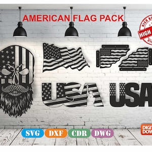 American Flag Wall Decor Bundle vector drawing file for laser cutting , plasma cutting( dxf , dwg , cdr , svg ) 6 pieces