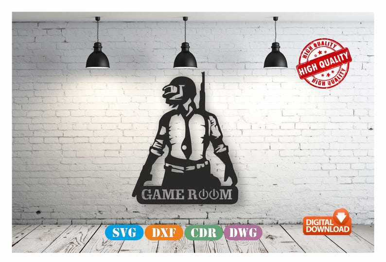 May include: Black and white silhouette of a video game character holding a gun with the text "GAME ROOM" below. The image is on a white brick wall with three black pendant lights hanging above. The image is for digital download in SVG, DXF, CDR, and DWG formats.