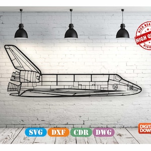 May include: A black and white line art illustration of a space shuttle against a white brick wall background. The image includes the text "HIGH QUALITY" in a red circle.