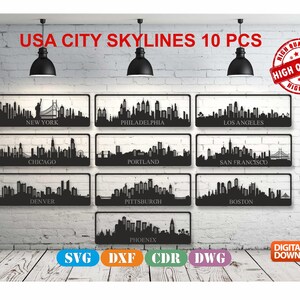 Pode incluir: Um conjunto de 10 designs de horizonte de cidade de metal preto, incluindo Nova Iorque, Filadélfia, Los Angeles, Chicago, Portland, São Francisco, Denver, Pittsburgh, Boston e Phoenix. Os designs são etiquetados com o nome da cidade e estão disponíveis para download digital nos formatos SVG, DXF, CDR e DWG.  USA CITY SKYLINES 10 PCS HIGH QUALITY DIGITAL DOWNLOAD
