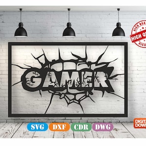 Gamer Wall art Decor vector drawing file for laser cutting , plasma cutting ( dxf , dwg , cdr , svg ) Metalic & Wood CNC machine
