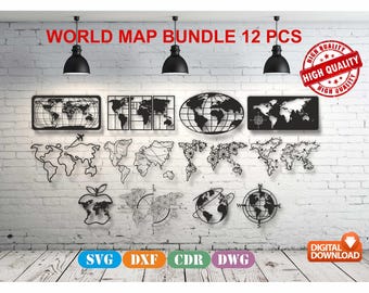 World Map Wall Decor Bundle vector drawing file for laser cutting , plasma cutting( dxf , dwg , cdr , svg ) 12 pieces-48 Files