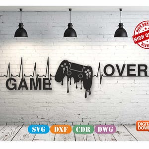 Game Over Wall art Decor vector drawing file for laser cutting , plasma cutting ( dxf , dwg , cdr , svg ) Metalic & Wood CNC machine