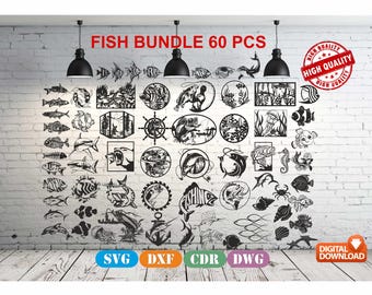 Fish High Quality  Wall art  Decor vector file for laser cutting , plasma cutting ( dxf , dwg , cdr , svg )Metalic & Wood CNC machine 60 pcs