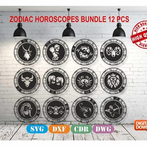 Zestaw dekoracji ściennych z serii Horoskopy zodiaku, plik z rysunkiem wektorowym do cięcia laserowego i plazmowego (dxf, dwg, cdr, svg), 12 sztuk