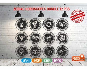 May include: A collection of 12 black and white zodiac sign designs, each within a circular frame. The phrase "ZODIAC HOROSCOPES BUNDLE 12 PCS" is at the top. A "HIGH QUALITY" stamp is visible. The bottom has SVG, DXF, CDR, and DWG icons, with "DIGITAL DOWNLOAD".