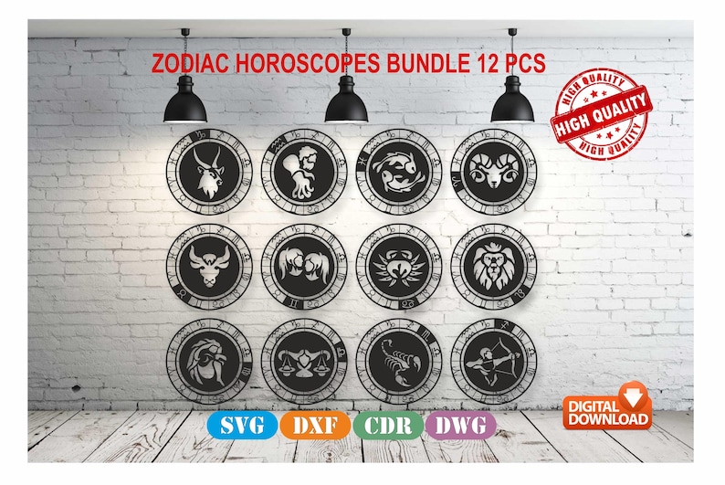 K&ouml;nnte beinhalten: Eine Sammlung von 12 schwarz-wei&szlig;en Tierkreiszeichen-Designs, jedes in einem kreisf&ouml;rmigen Rahmen. Der Text "ZODIAC HOROSCOPES BUNDLE 12 PCS" steht oben. Ein "HIGH QUALITY" Stempel ist sichtbar. Unten befinden sich SVG-, DXF-, CDR- und DWG-Symbole mit "DIGITAL DOWNLOAD".