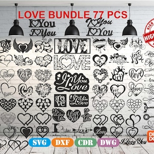 May include: A digital download of 77 black and white love-themed SVG, DXF, CDR, and DWG files. The image shows a variety of heart shapes, love quotes, and other romantic designs. The text "LOVE BUNDLE 77 PCS" is at the top of the image.