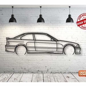 May include: A black and white line art silhouette of a BMW E36 car on a white brick wall background. The image includes the text "HIGH QUALITY" in a red circle.