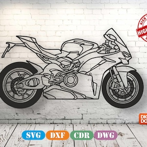 Może przedstawiać: Czarna ilustracja liniowa motocykla sportowego w widoku z profilu. Projekt zawiera szczegółowe koła, ramę i owiewki. Czerwona okrągła pieczęć zawiera napis HIGH QUALITY, a pomarańczowa prostokątna ikona napis DIGITAL DOWNLOAD.