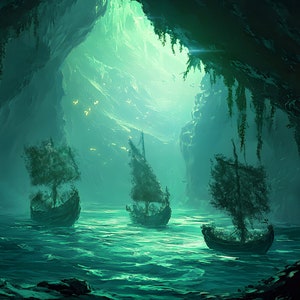 May include: Three dark, wooden ships sail through a mysterious, green, glowing cave. The ships have sails and are partially obscured by the darkness of the cave.