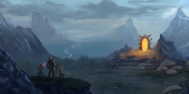 Fantasy landscape, adventurers, RPG portal, magic gateway, Baldurs Gate 3, Elden Ring, DnD background, dark fantasy, Final Fantasy, Warhammer, Pathfinder, video game environment, mystical portal, adventure setting, digital art, fantasy world.
