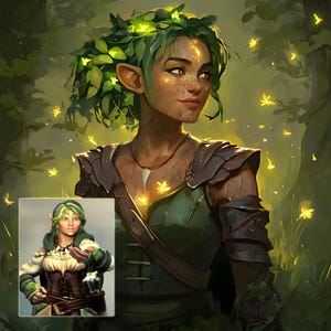 Puede incluir: Arte digital de una mujer con orejas puntiagudas, adornada con una corona de hojas y acentos brillantes. Viste una túnica verde y armadura de cuero, sobre un fondo borroso de bosque. Una imagen más pequeña del personaje está en la esquina inferior izquierda.