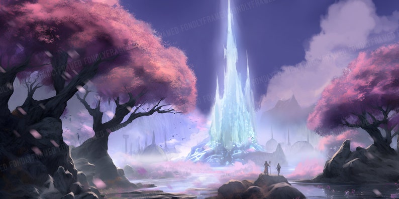 Custom video game fantasy landscape commission, mystical glowing tower, enchanted forest with vibrant pink trees, magical world, RPG game, fantasy setting art, otherworldly scenery, custom game art for digital worlds, personalized fantasy environment