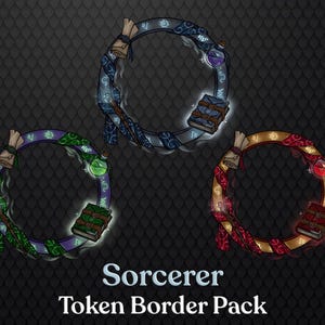Puede incluir: Tres bordes de fichas circulares en azul, verde y rojo, cada uno con un diseño diferente. Los bordes presentan pergaminos, frascos de pociones y libros de hechizos. El texto "Sorcerer Token Border Pack" está en la parte inferior.