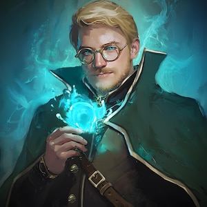 May include: A man with blond hair and a beard wearing glasses and a green cloak holds a glowing blue orb in his hand.