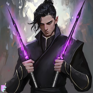 May include: Digital art of a person with dark hair and pointed ears, wearing a black outfit. They hold two glowing purple swords, with a serious expression. The background is a blend of colors.