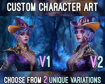 Op de afbeelding: Twee digitale illustraties van een fantasy-personage met paarse en gouden kleding, een puntige hoed en blauwe huid. Het personage links heeft een neutralere uitdrukking, terwijl het personage rechts een fellere uitdrukking heeft. De tekst "CUSTOM CHARACTER ART" staat bovenaan de afbeelding, en de tekst "CHOOSE FROM 2 UNIQUE VARIATIONS" staat onderaan de afbeelding. De tekst "V1" staat naast het personage links, en de tekst "V2" staat naast het personage rechts.