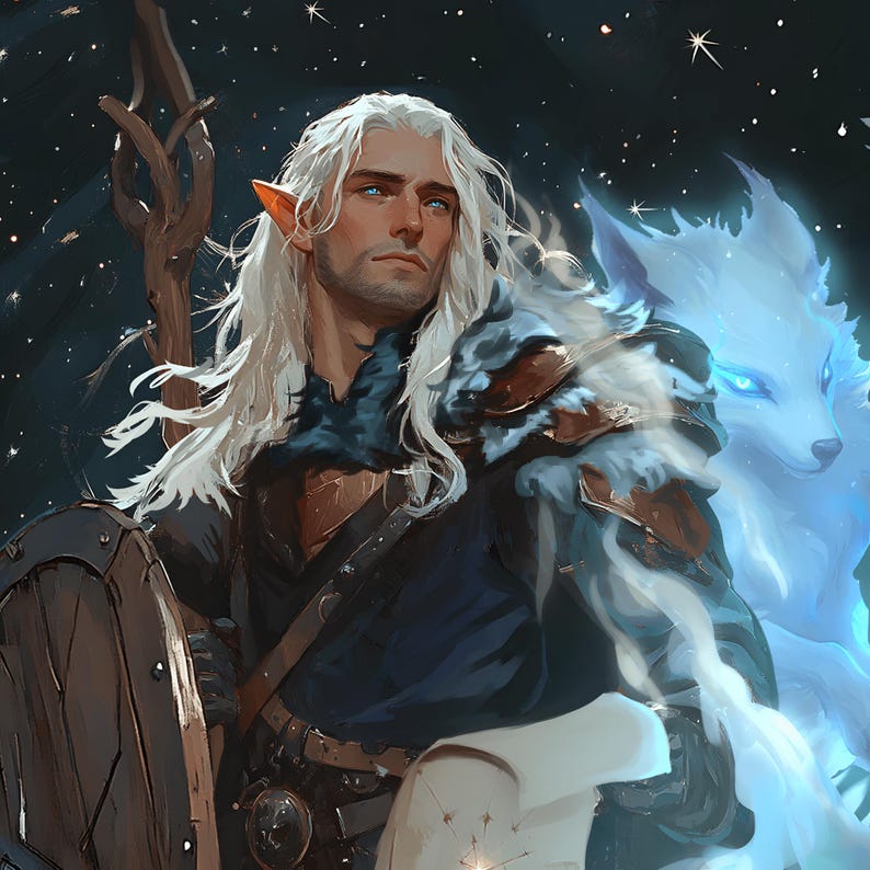 A noble high elf ranger with long white hair gazes into the night sky, clad in fur-lined armor. A glowing blue spirit wolf companion stands beside him, radiating ethereal energy. He grips a wooden staff and shield, embodying strength and mysticism. Perfect for Dungeons & Dragons, fantasy RPGs, and tabletop character commissions. Ideal for gamers, fantasy lovers, and those seeking custom character art.