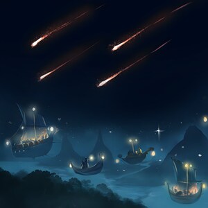 Custom video game fantasy landscape depicting a magical night sky with floating ships illuminated by lanterns and shooting stars. Ideal for RPG world-building, mystical settings, and immersive environments with ethereal aesthetics