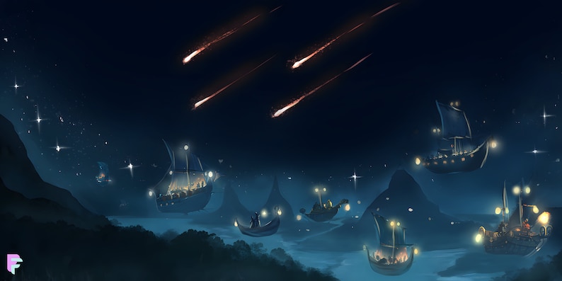 Custom video game fantasy landscape depicting a magical night sky with floating ships illuminated by lanterns and shooting stars. Ideal for RPG world-building, mystical settings, and immersive environments with ethereal aesthetics