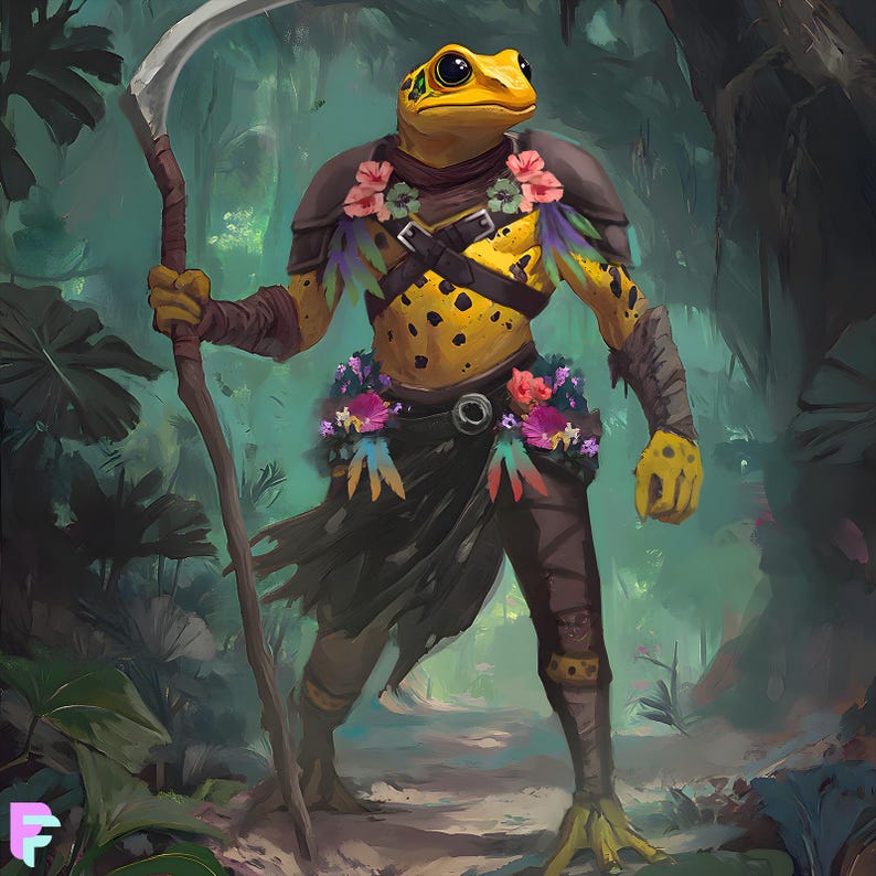 A vibrant anthropomorphic frog warrior stands in a lush jungle, wielding a curved scythe. His golden-spotted skin contrasts with the dark leather armor adorned with colorful flowers and feathers, creating a mystical, nature-infused aesthetic. A perfect fantasy character for Dungeons & Dragons, Pathfinder, or TTRPG campaigns. Ideal for RPG players, fantasy lovers, and custom character commission seekers.