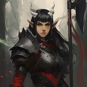 Fantasy D&D character art of a fierce half-demon warrior with black hair, white horns, glowing green eyes, and facial markings. Wearing dark armor with red accents and wielding a polearm, set in a misty forest