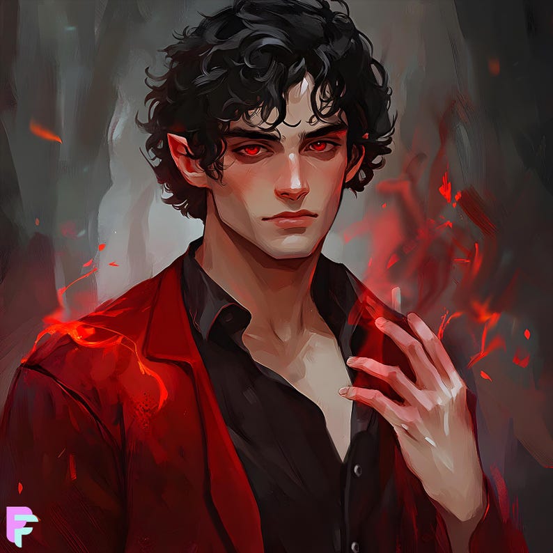 May include: Digital art portrait of a person with dark curly hair, red eyes, and pointed ears. The person wears a black button-down shirt and a red blazer. Red glowing effects surround the person, creating a fantasy or supernatural theme.